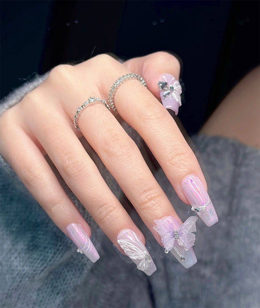 Purple Butterfly Coffin Press On Nails - Image 4