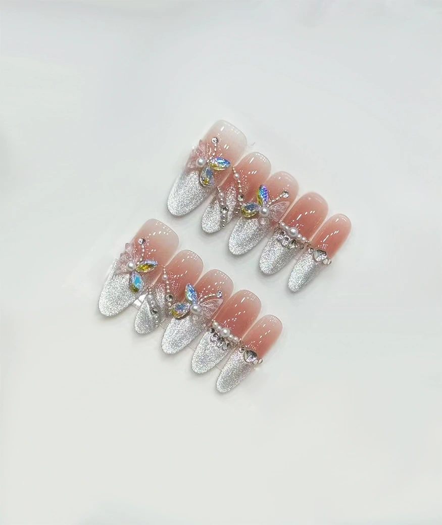 Ice Crystals Butterfly Long Almond Press On Nails - Image 2