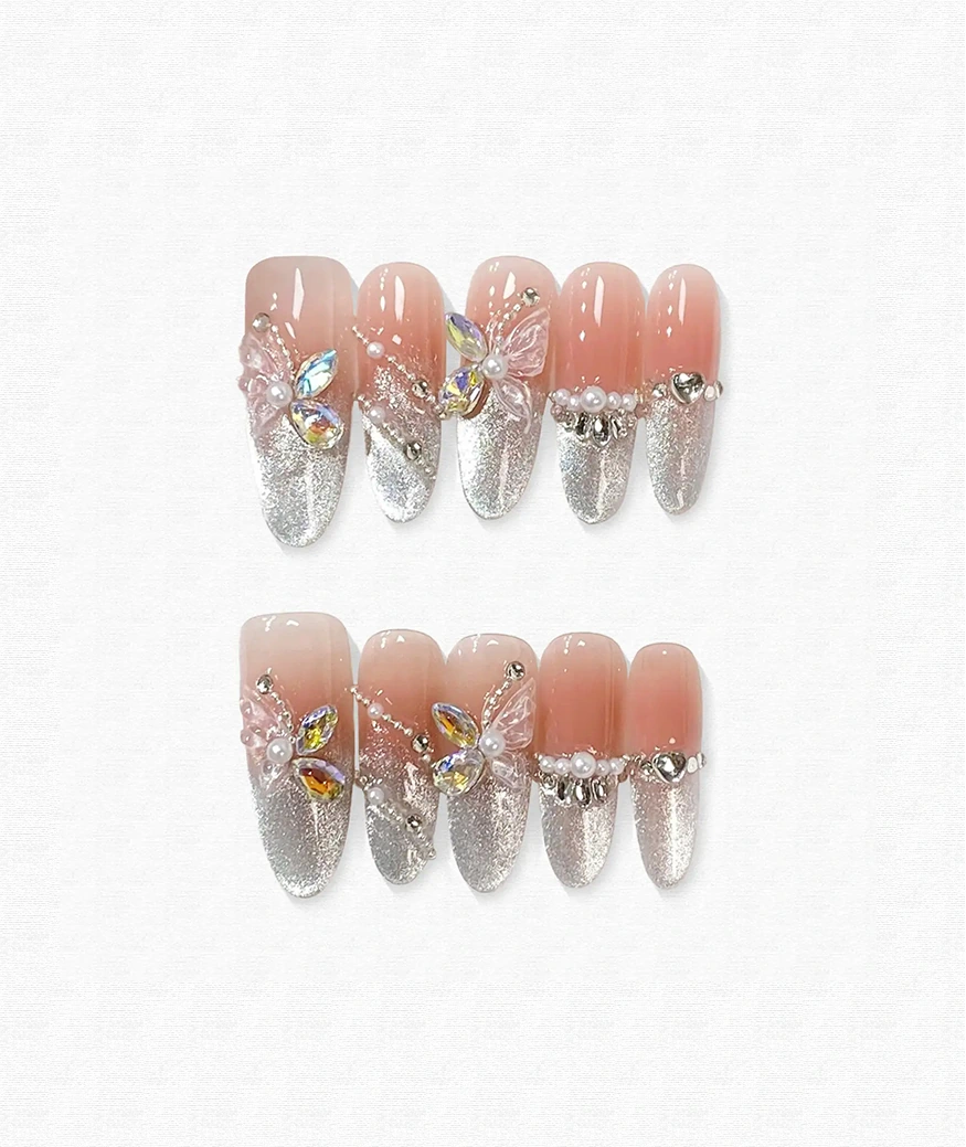 Ice Crystals Butterfly Long Almond Press On Nails