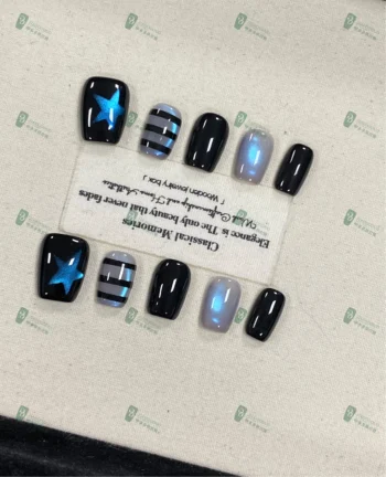 Alternative view of Grey-blue Star Grid Press-on Nails