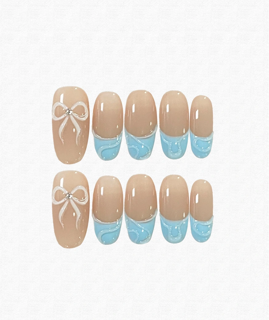 Blue Nude Colorblocking Long Oval Press On Nails