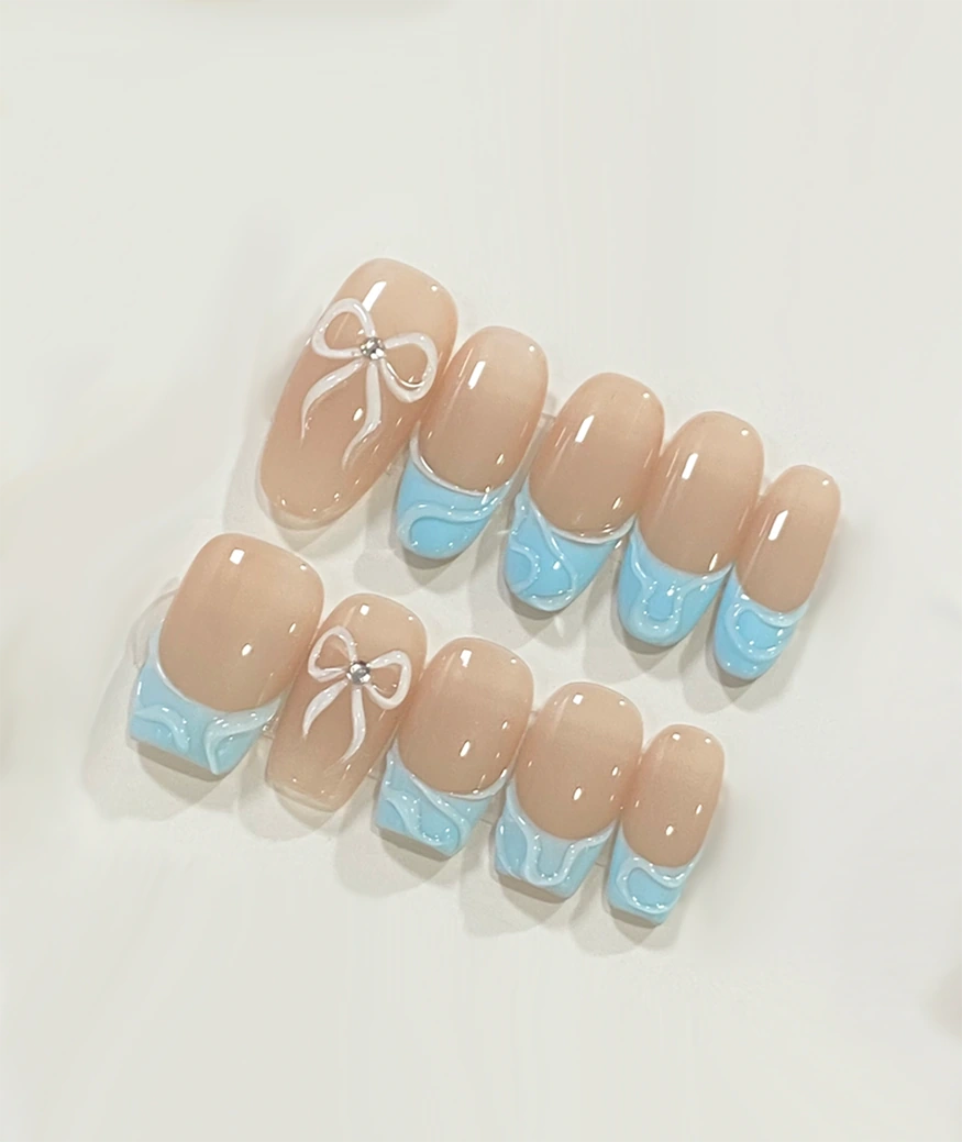 Blue Nude Colorblocking Long Oval Press On Nails - Image 2